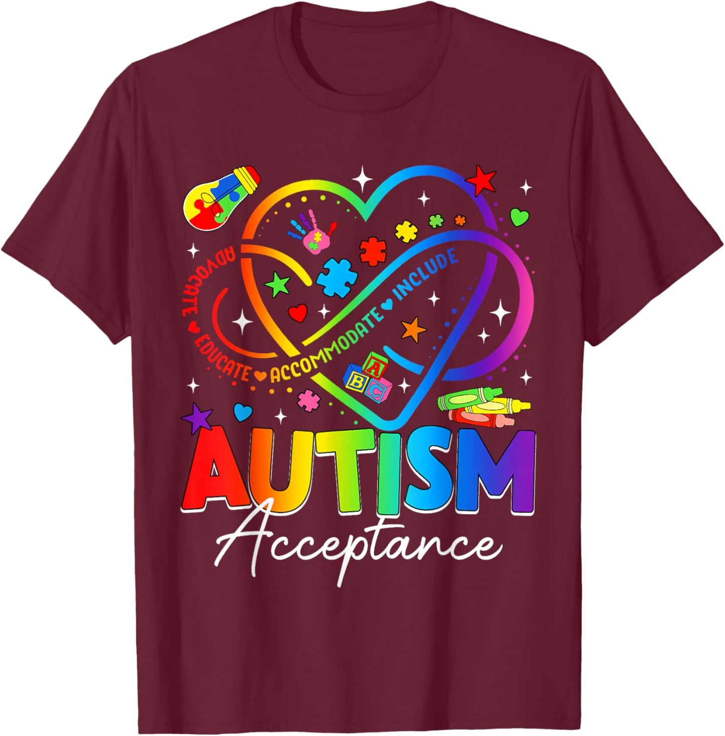 Autism Awareness Acceptance Heart Infinity Symbol Men Women T-Shirt - T-Shirt | Maroon