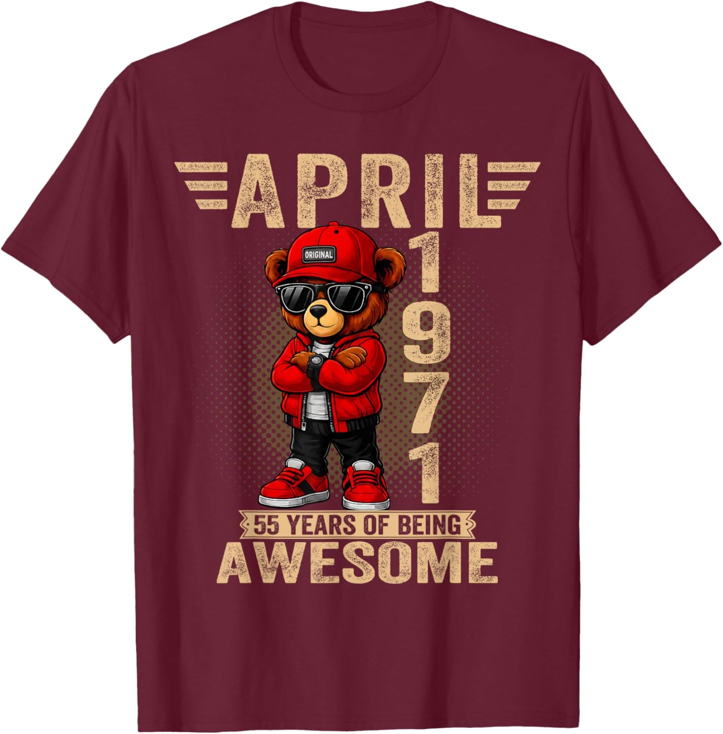 (ON Back) April 55th Birthday Men Women 1971 Teddy Bear T-Shirt - T-Shirt | Maroon