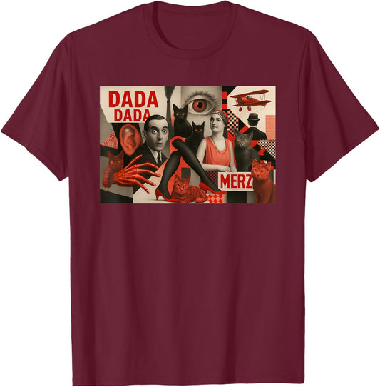 Dada Art Inspired Cat Illustration - Fun Cute T-Shirt - T-Shirt | Maroon