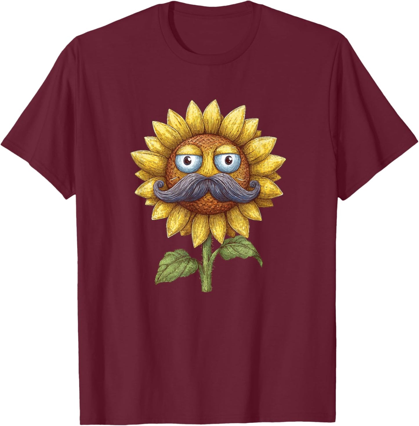 Cool Sunflower Face with Mustache Beard Costume T-Shirt - T-Shirt | Maroon