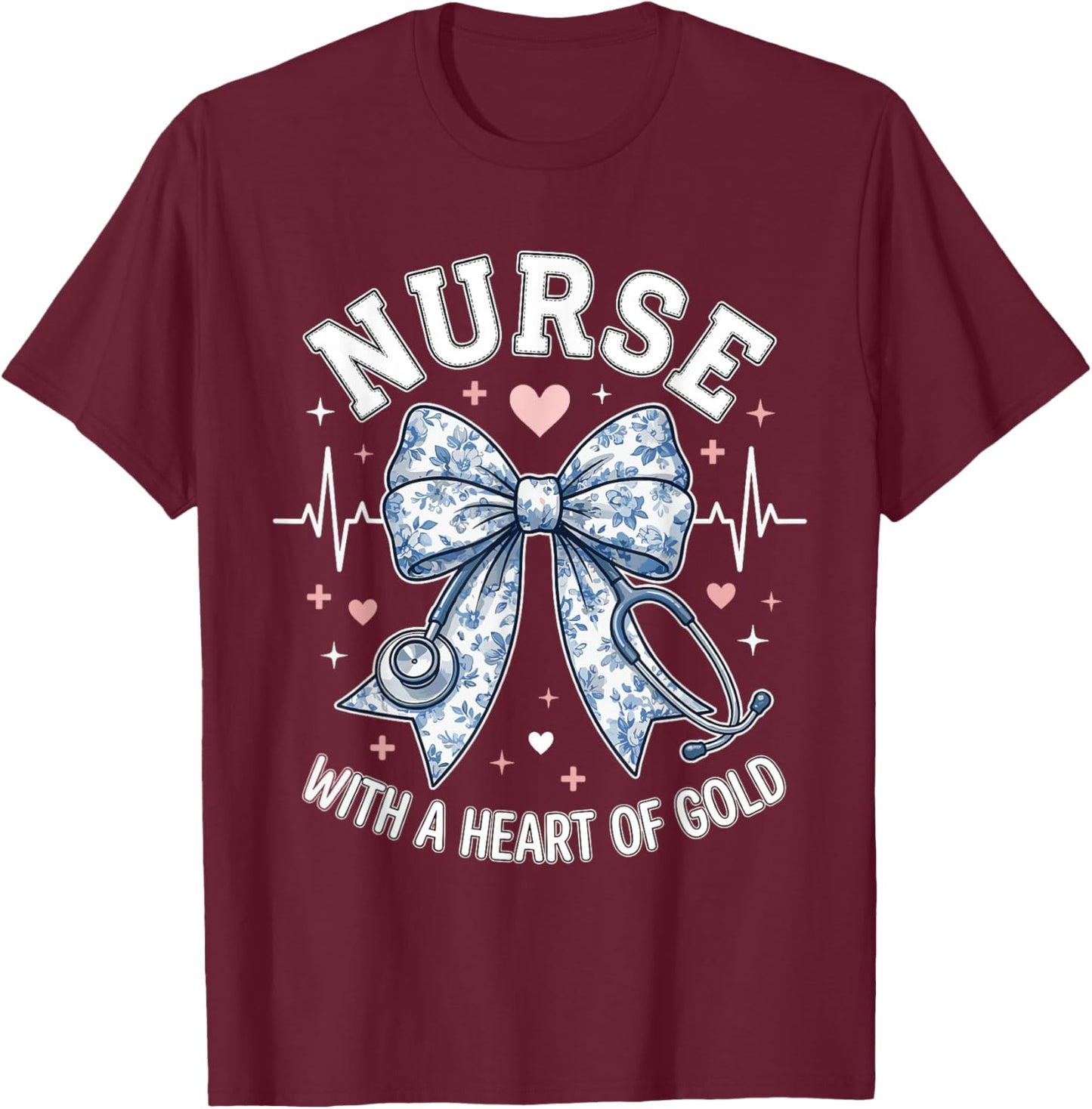 Cute Nurse Bow with A Heart of Gold Nursing Student RN | CNA T-Shirt - T-Shirt | Maroon