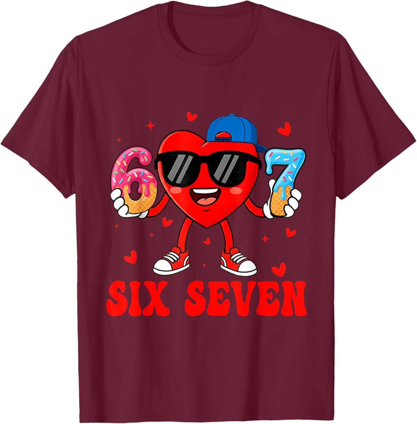 Funny Six Seven 67 6 7 Meme Heart Valentines Bro Kids Boys T-Shirt - T-Shirt | Maroon