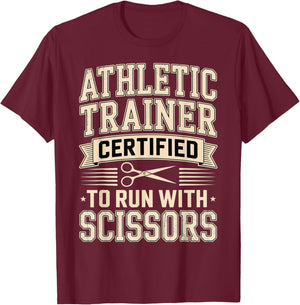 Athletic Trainer Funny Run with Scissors Graduation 2026 T-Shirt - T-Shirt | Maroon