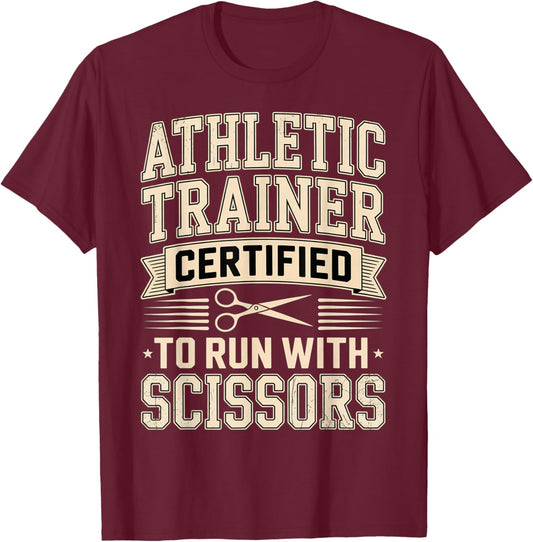 Athletic Trainer Funny Run with Scissors Graduation 2026 T-Shirt - T-Shirt | Maroon