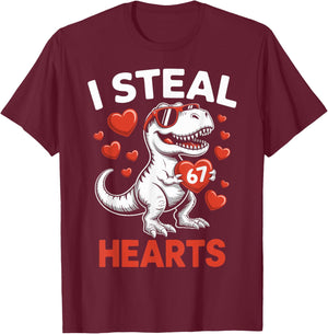 I Steal 67 Hearts Valentine’s Day Six Seven Meme T-Rex Boys T-Shirt - T-Shirt | Maroon