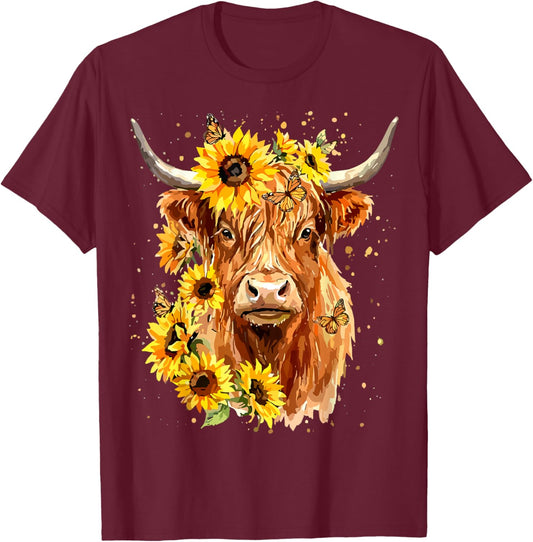 Highland Cow Sunflower Floral Farm Animal T-Shirt - T-Shirt | Maroon