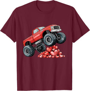 Valentines Day Monster Truck Hearts for Teens Boys Girls Kid T-Shirt - T-Shirt | Maroon