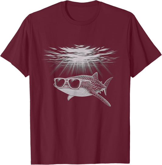 Cool Whale Shark Wearing Sunglasses Drawing Art Design T-Shirt - T-Shirt | Maroon