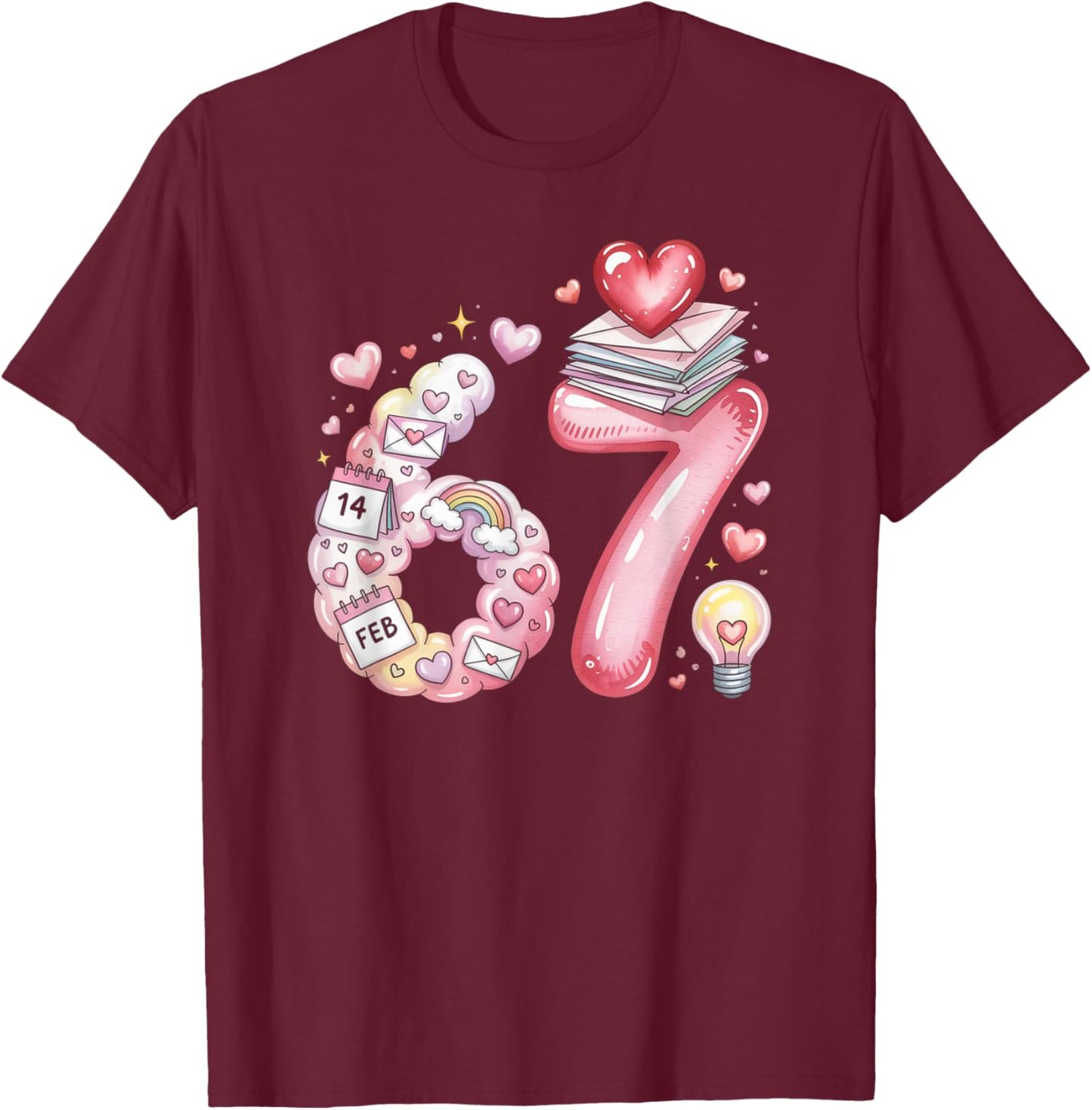 Cute 67 Hearts Number Six Seven Valentines Day Love Women T-Shirt - T-Shirt | Maroon