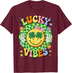 Groovy St Patricks Day Lucky Vibes Shamrock Women Girls Kids T-Shirt - T-Shirt | Maroon