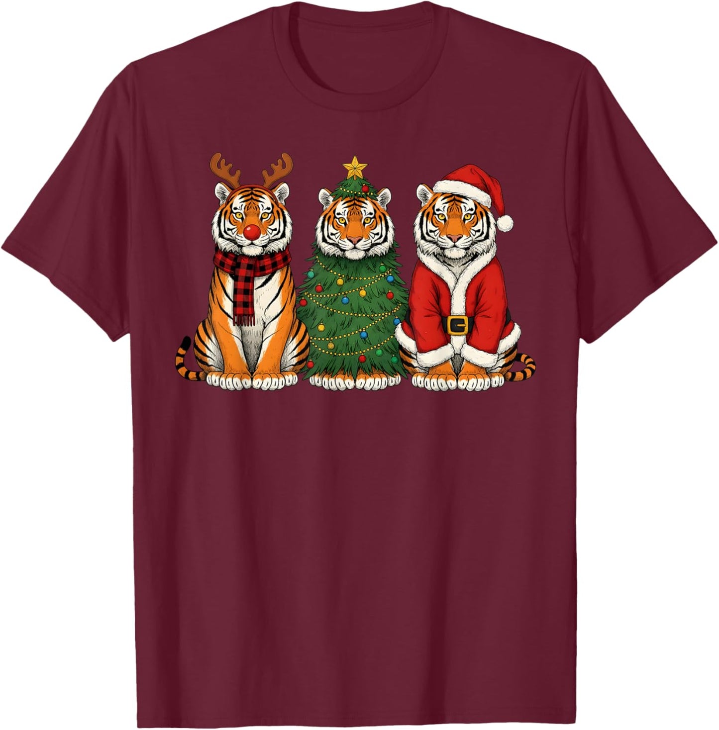 Retro Christmas Tiger Santa Reindeer Safari Animal T-Shirt - T-Shirt | Maroon