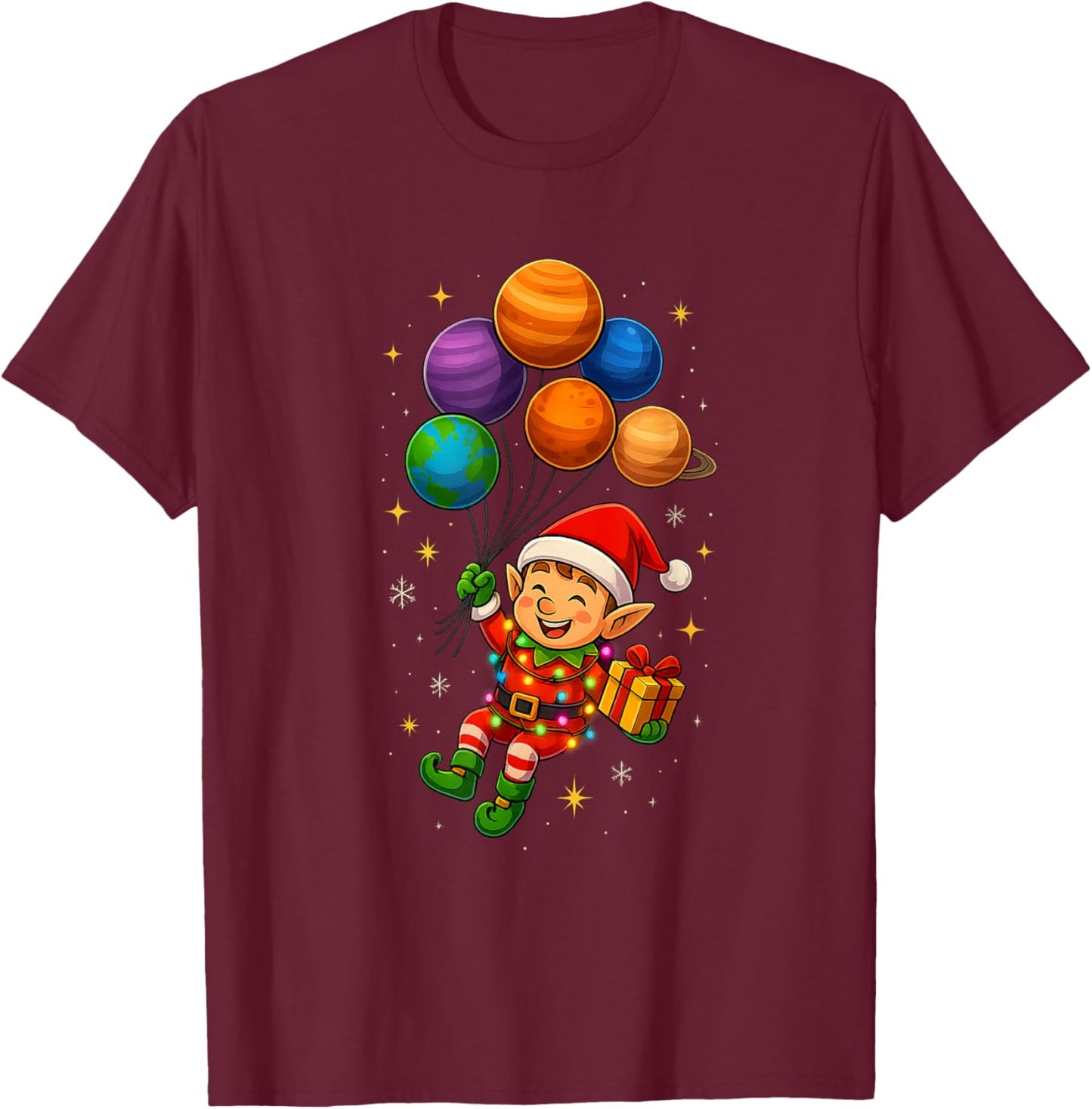 Funny Elf Astronaut with Planets Christmas Pjs for Spaceman T-Shirt - T-Shirt | Maroon