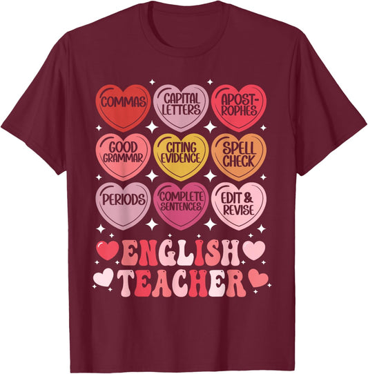 English Teacher Valentine's Day Grammar ELA Teacher Hearts T-Shirt - T-Shirt | Maroon