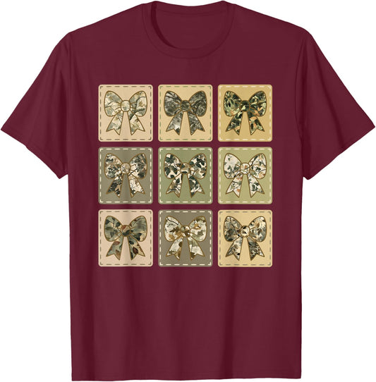 Cute Camo Bows Women Girls Trendy Graphic Tree Camouflage T-Shirt - T-Shirt | Maroon