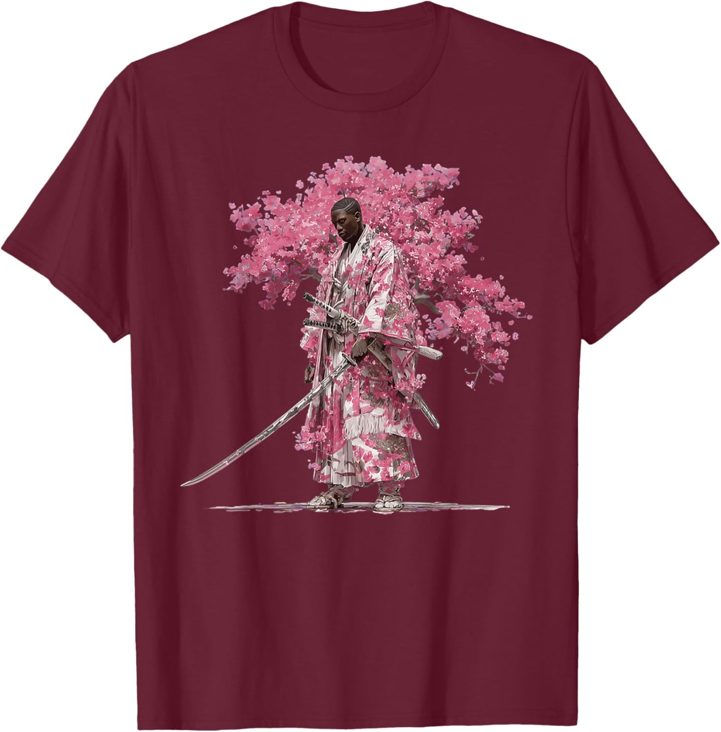 African Cherry Blossom Samurai King with Pink Kimono T-Shirt - T-Shirt | Maroon