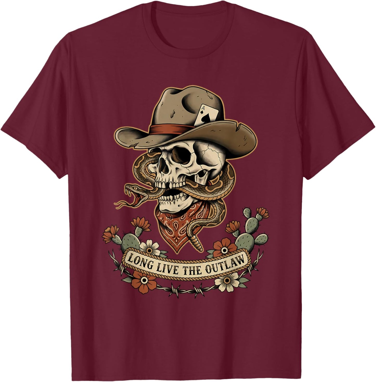 Western Gothic Cowboy Skull Outlaw Tattoo T-Shirt - T-Shirt | Maroon