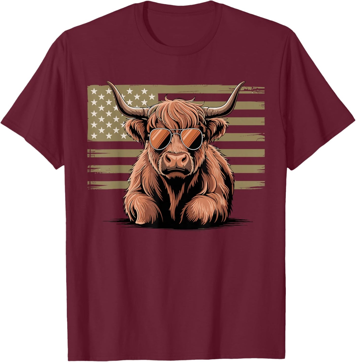Highland Cow with Sunglasses and American Flag T-Shirt - T-Shirt | Maroon