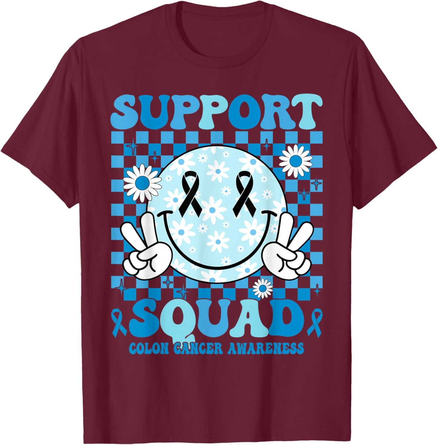 Support Squad Blue Ribbon Smile Face Colon Cancer Awareness T-Shirt - T-Shirt | Maroon