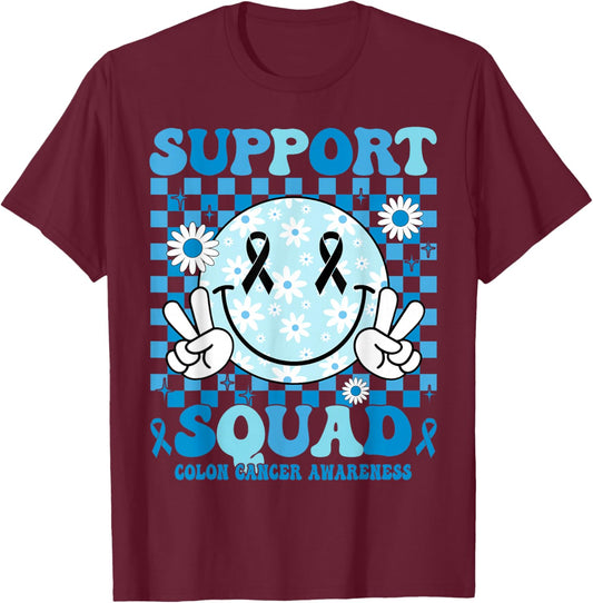 Support Squad Blue Ribbon Smile Face Colon Cancer Awareness T-Shirt - T-Shirt | Maroon