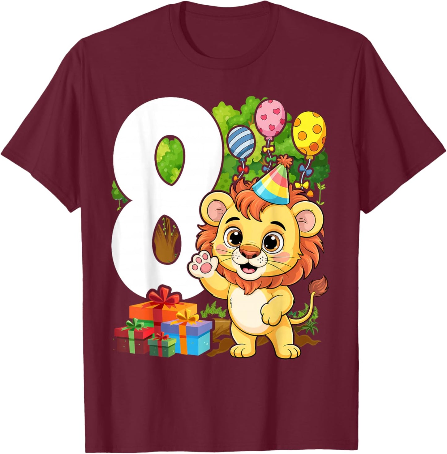 8th Lion Birthday Party 8 Year Old Lions T-Shirt - T-Shirt | Maroon