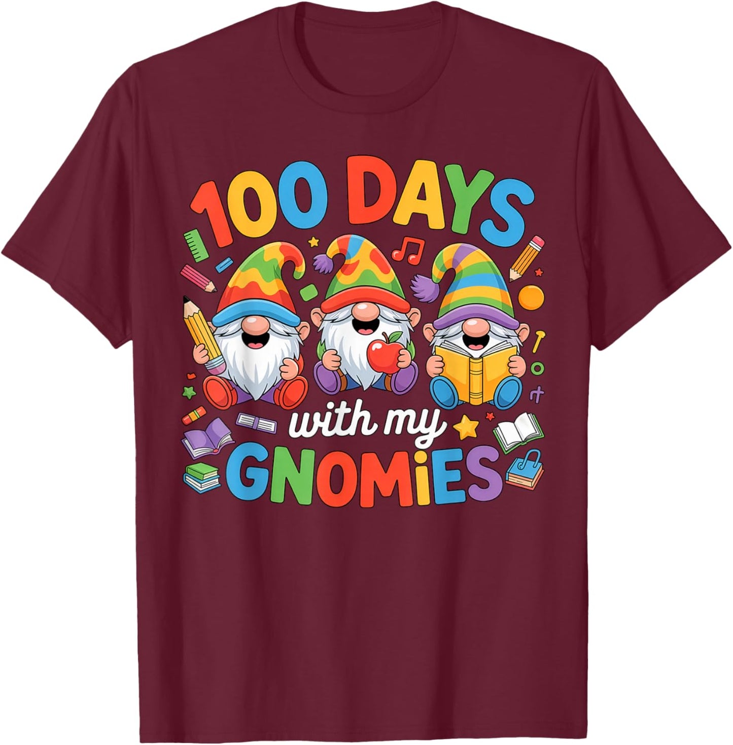 Teacher Kids Gnome 100 Days of School T-Shirt - T-Shirt | Maroon