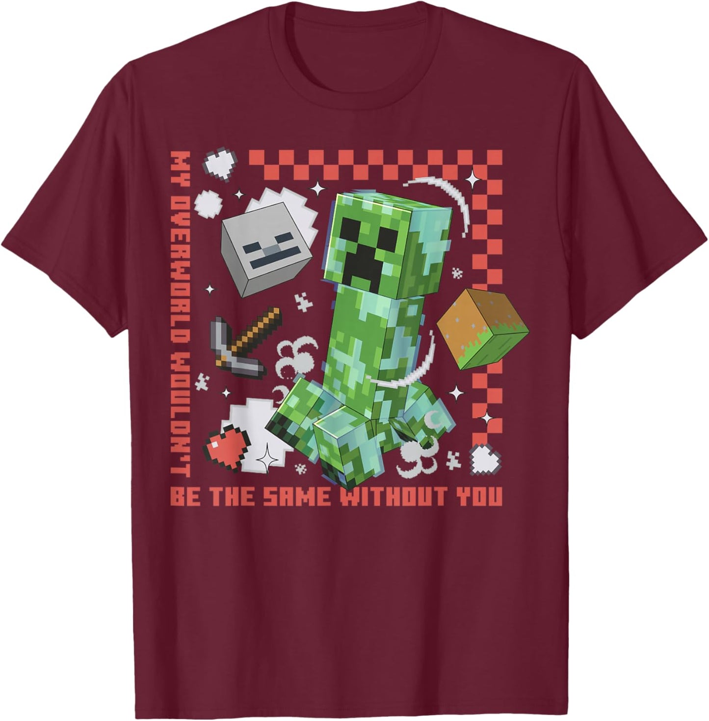 Minecraft Creeper Overworld Heart T-Shirt - T-Shirt | Maroon