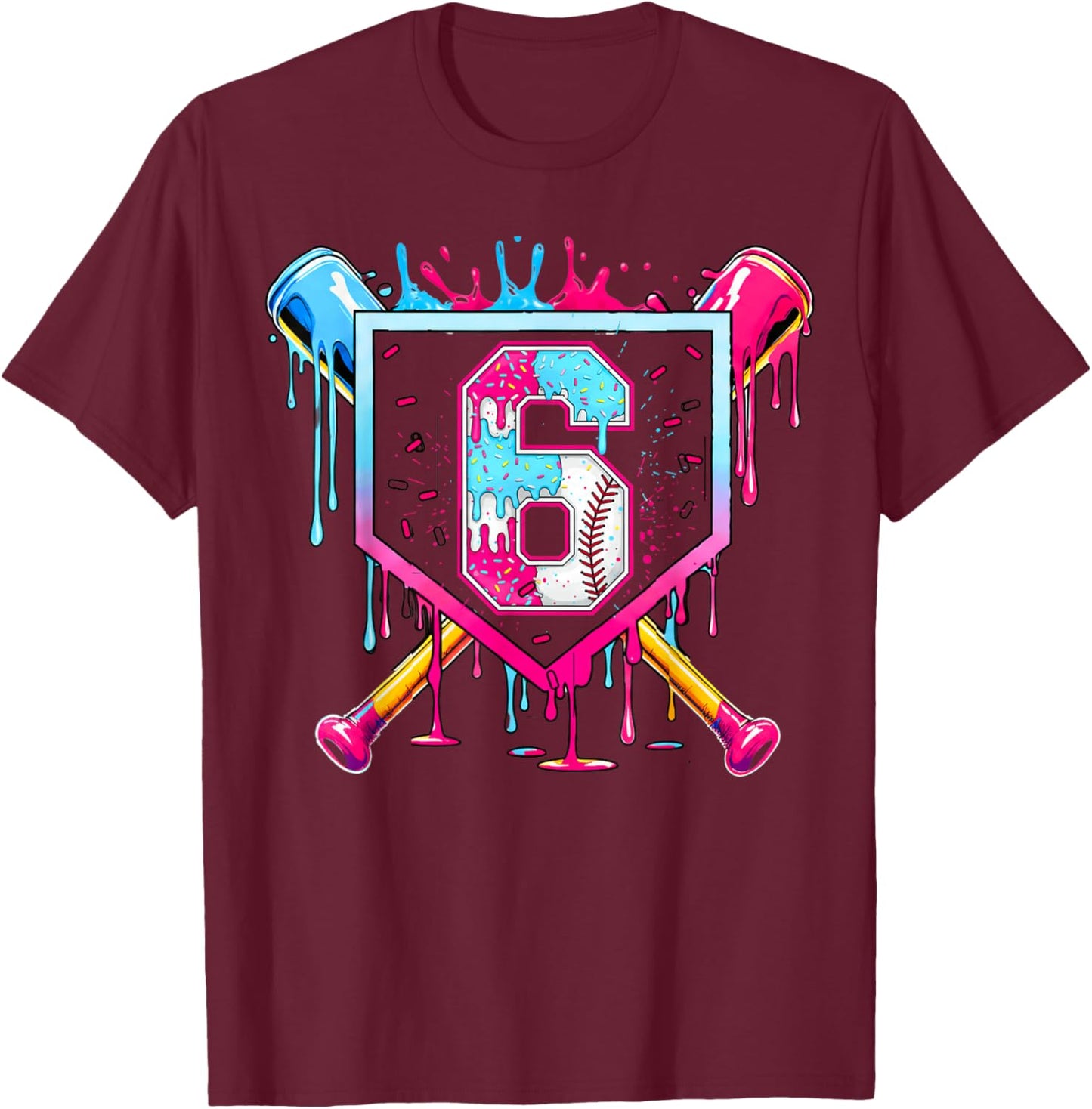 6th Birthday Boys Baseball Ice Cream Drip Bday Boys Baseball T-Shirt - T-Shirt | Maroon