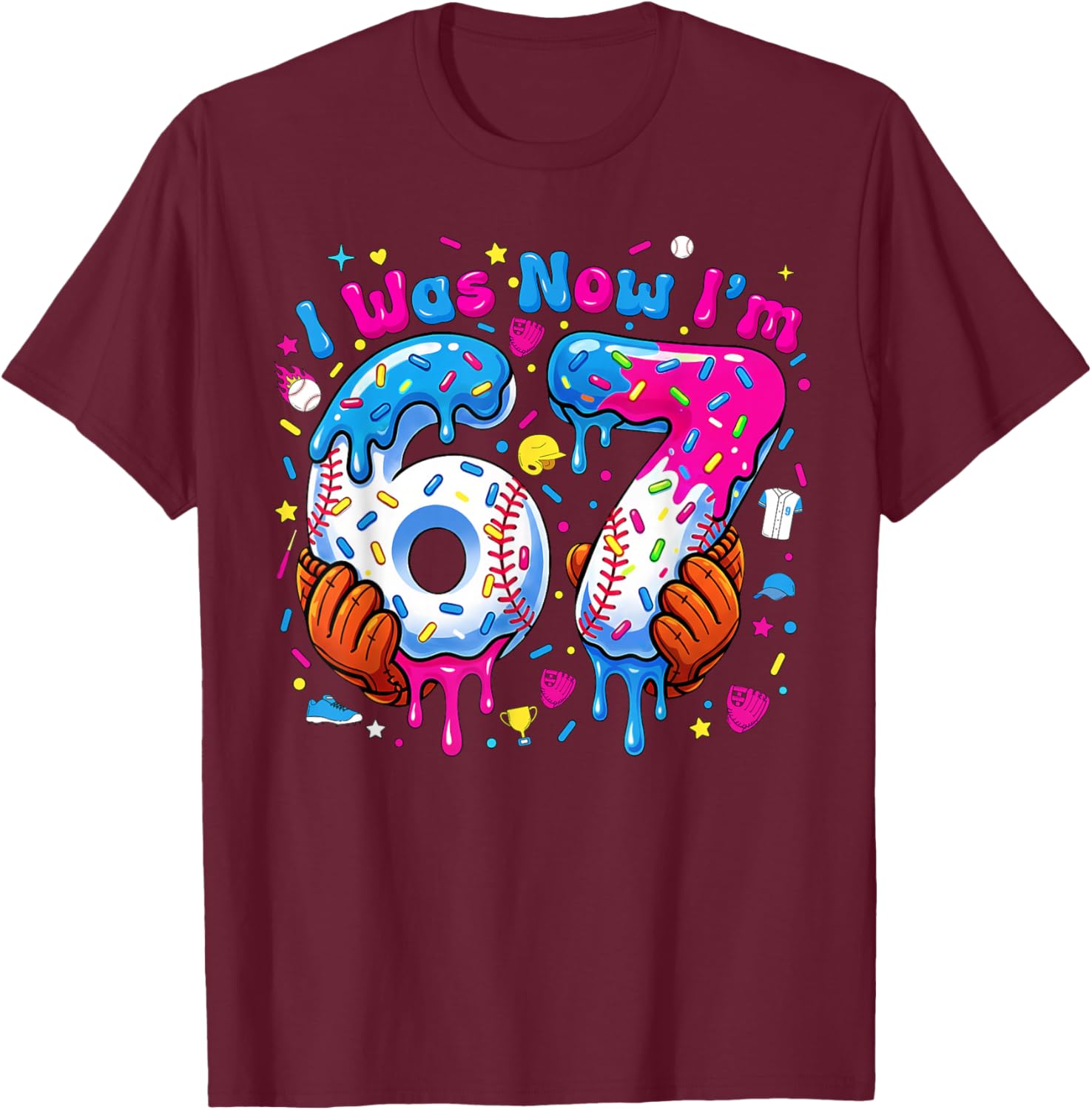 7th Birthday I was 6 Now I'm 7 Baseball Ice Cream Drip T-Shirt - T-Shirt | Maroon