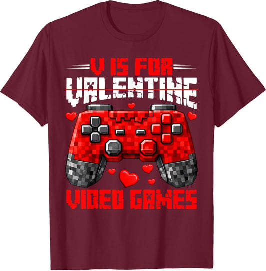 Funny Valentines Gamer Boy Kids V is for Video Games Gaming T-Shirt - T-Shirt | Maroon