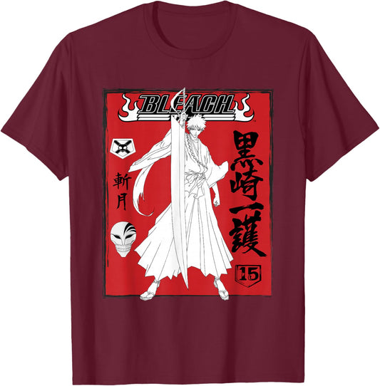 Bleach Ichigo Kurosaki Hollow Mask Collage Red Kanji Anime T-Shirt - T-Shirt | Maroon