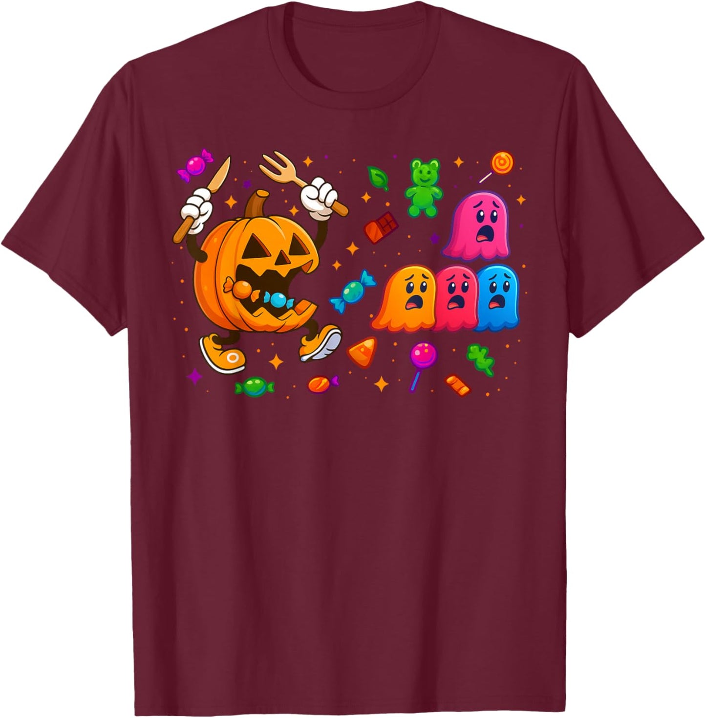 Gamer Pumpkin Eating Ghost Halloween Costume Men Boys Kids T-Shirt - T-Shirt | Maroon