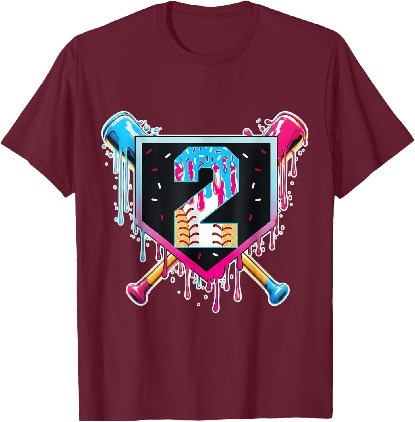 Baseball 2 Year Old Boy Ice Cream Drip 2nd Birthday Player T-Shirt - T-Shirt | Maroon
