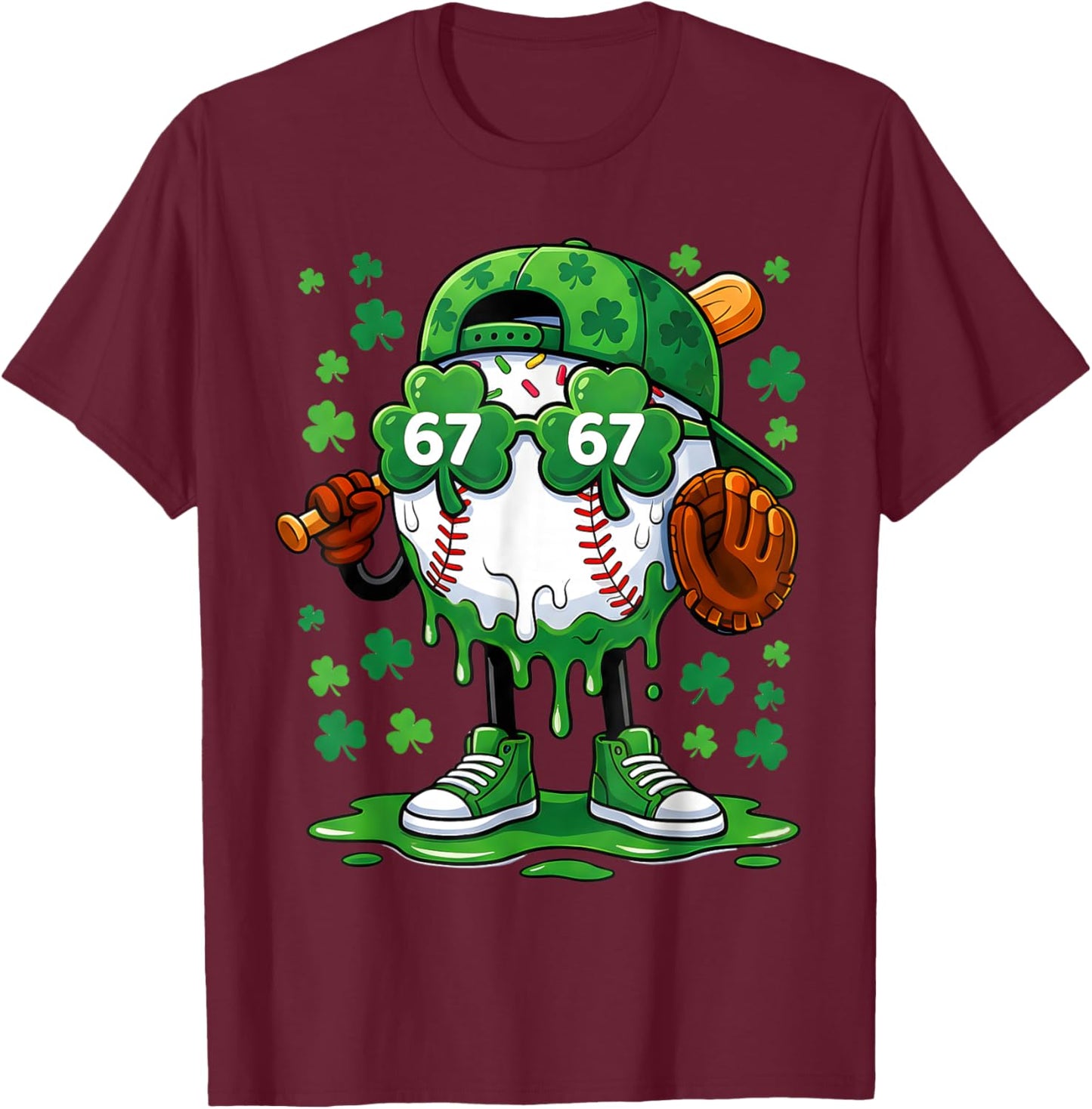 Funny 67 Baseball Drip St Patricks Day Shamrock Green T-Shirt - T-Shirt | Maroon