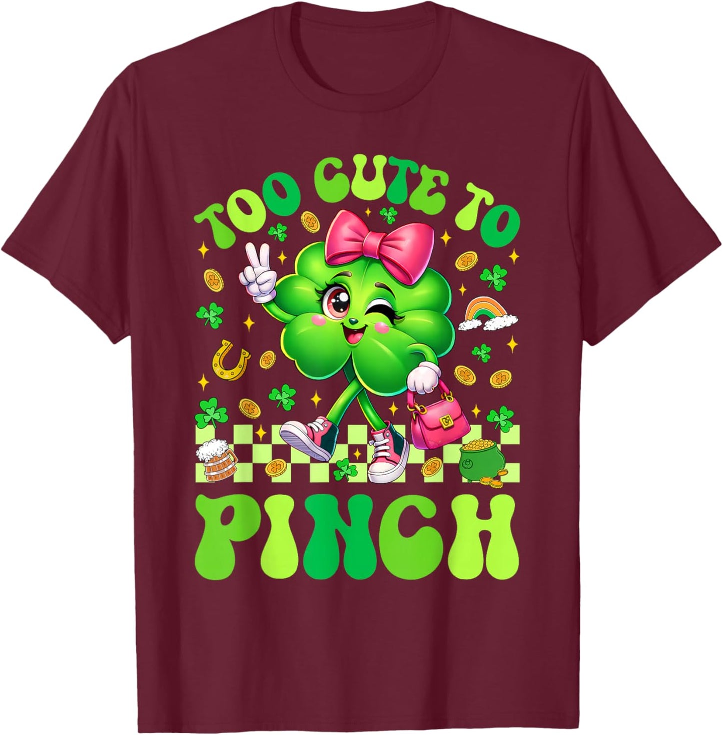 Too Cute to Pinch Shamrock St Patricks Day Toddler Girl Kids T-Shirt - T-Shirt | Maroon
