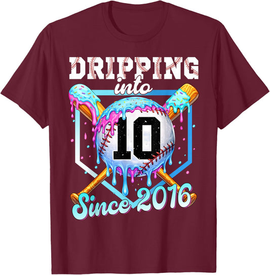 10 Years Old Baseball Ice Cream 10th Birthday Boy Since 2016 T-Shirt - T-Shirt | Maroon