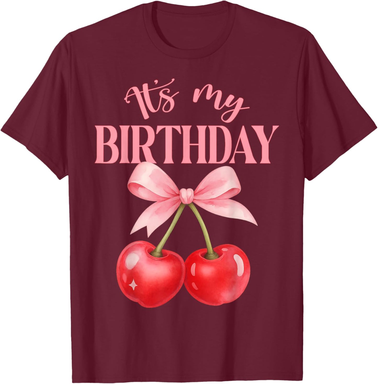 It's My Birthday Cute Coquette Bow Cherry Birthday Girl Kids T-Shirt - T-Shirt | Maroon