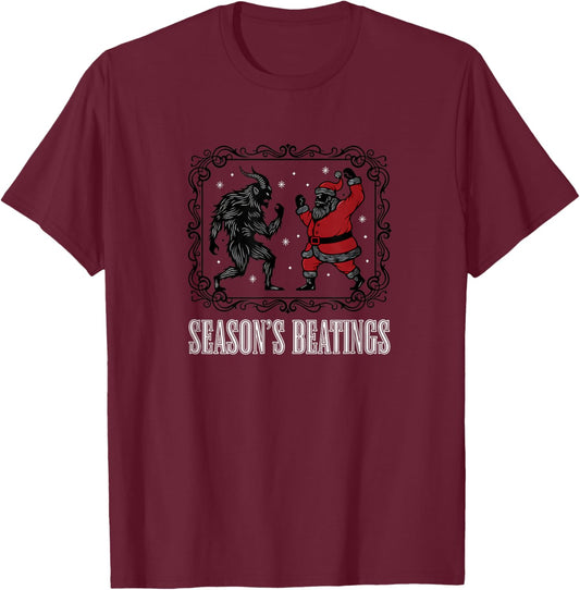 Christmas Season's Beatings Santa Vs Krampus Funny Holiday T-Shirt - T-Shirt | Maroon