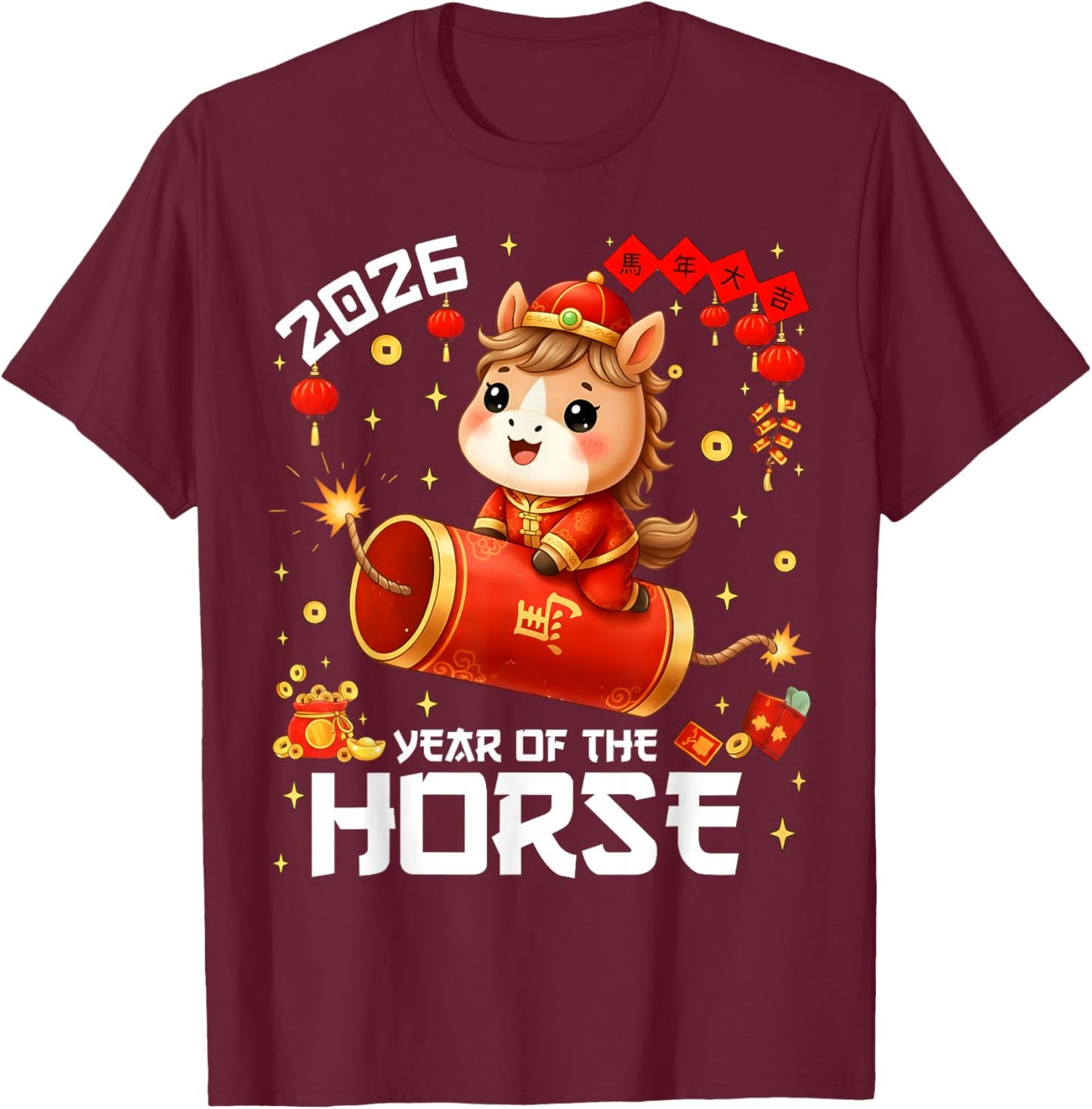 Year of The Horse Chinese New Year Decorations Red Envelopes T-Shirt - T-Shirt | Maroon