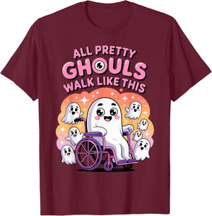 Halloween Wheelchair Costume Handicap Joke Ghouls Walk Like T-Shirt - T-Shirt | Maroon