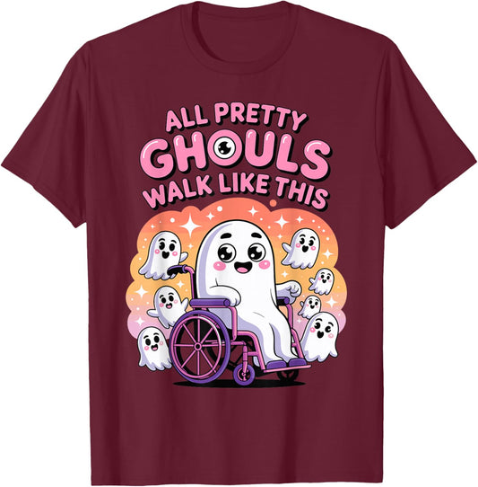 Halloween Wheelchair Costume Handicap Joke Ghouls Walk Like T-Shirt - T-Shirt | Maroon