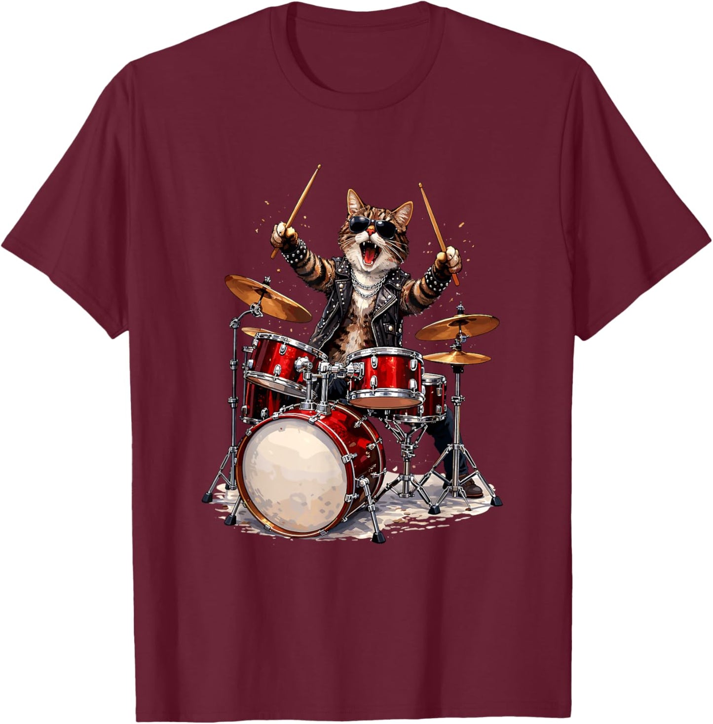 Cat Kitten Playing Drums Rock and Roll Heavy Metal Drummer T-Shirt - T-Shirt | Maroon