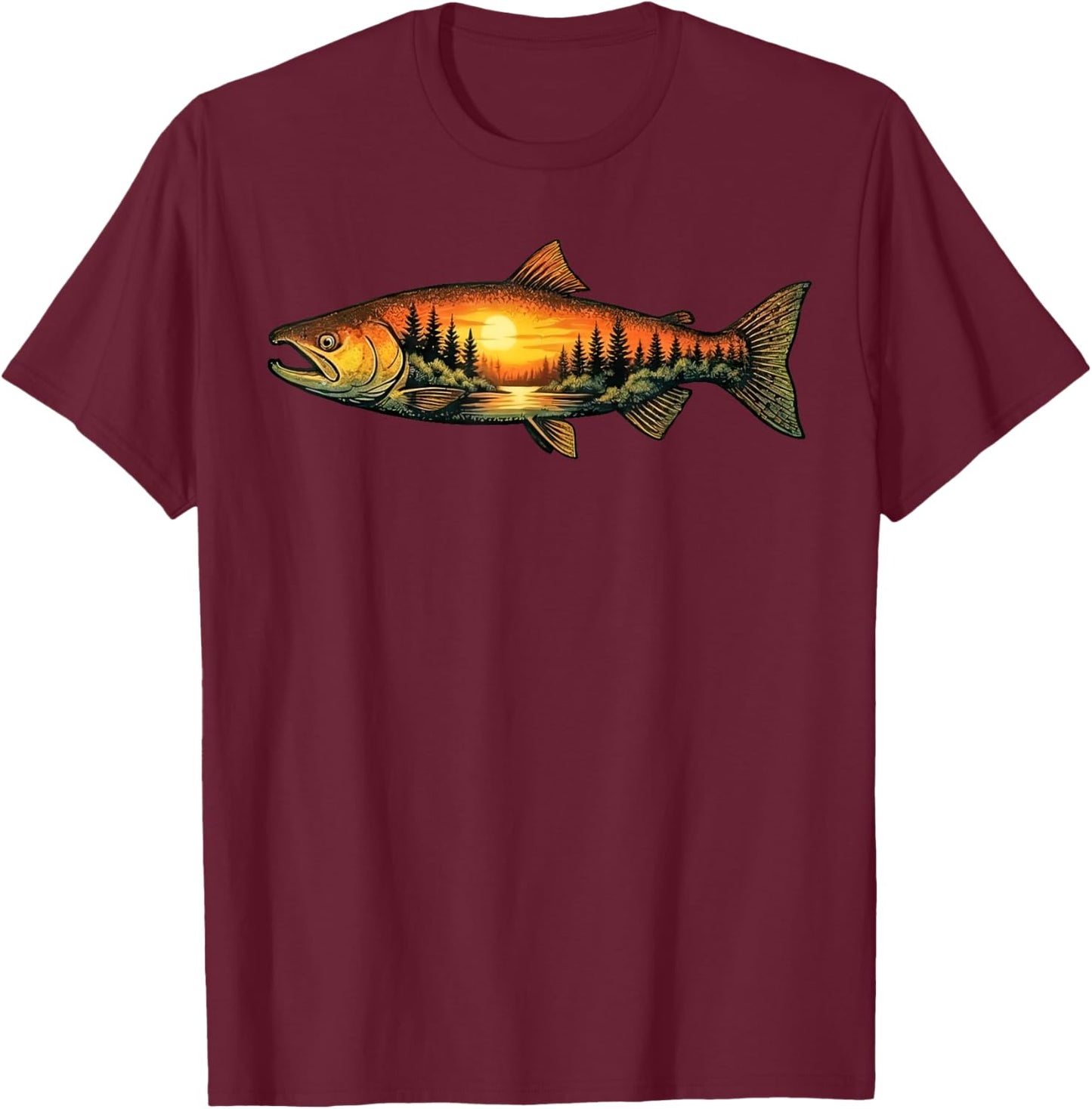 Salmon Fishing Sunset Nature Landscape T-Shirt - T-Shirt | Maroon