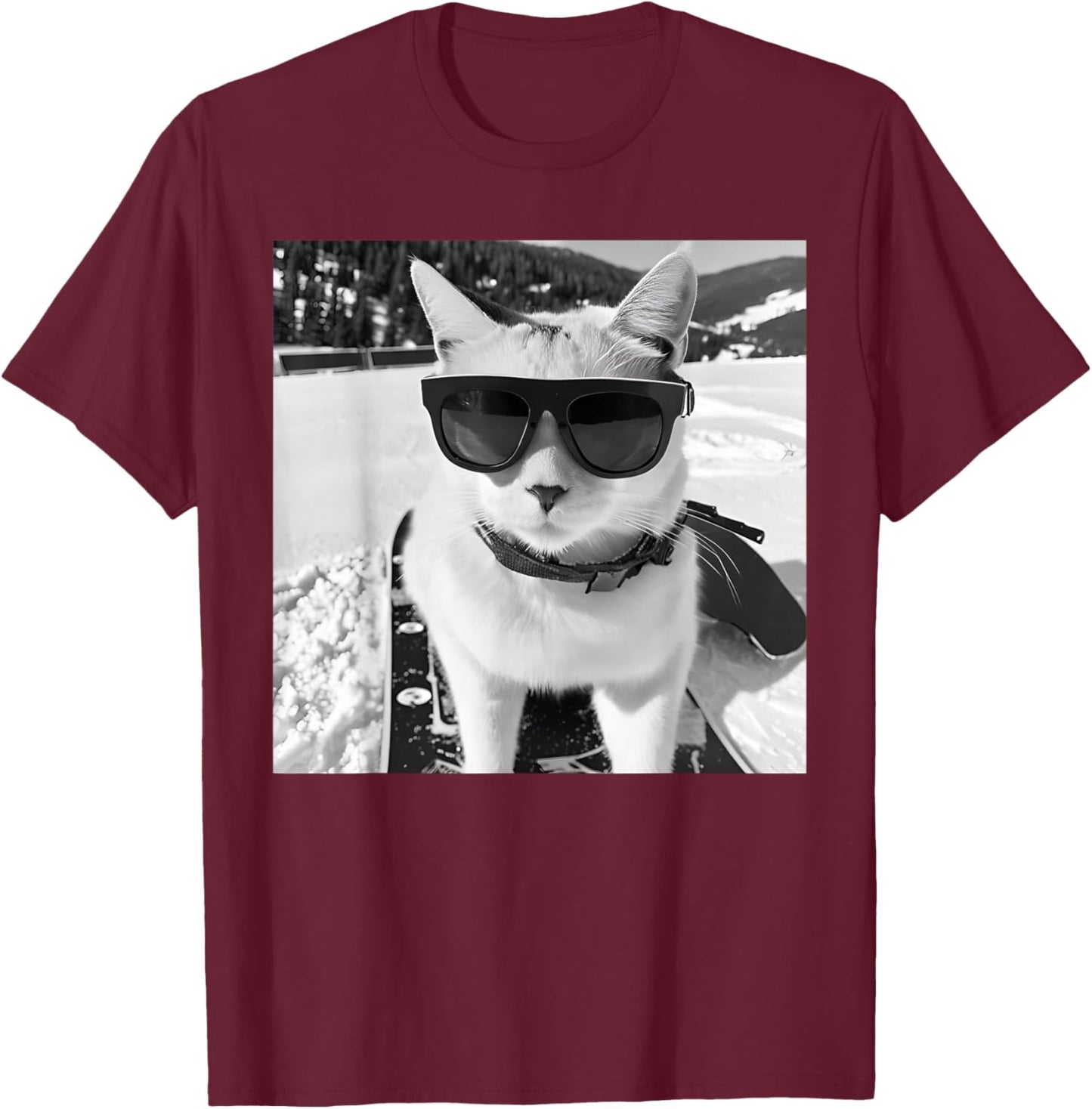Cat at The Ski Slopes and Snowboarder T-Shirt - T-Shirt | Maroon