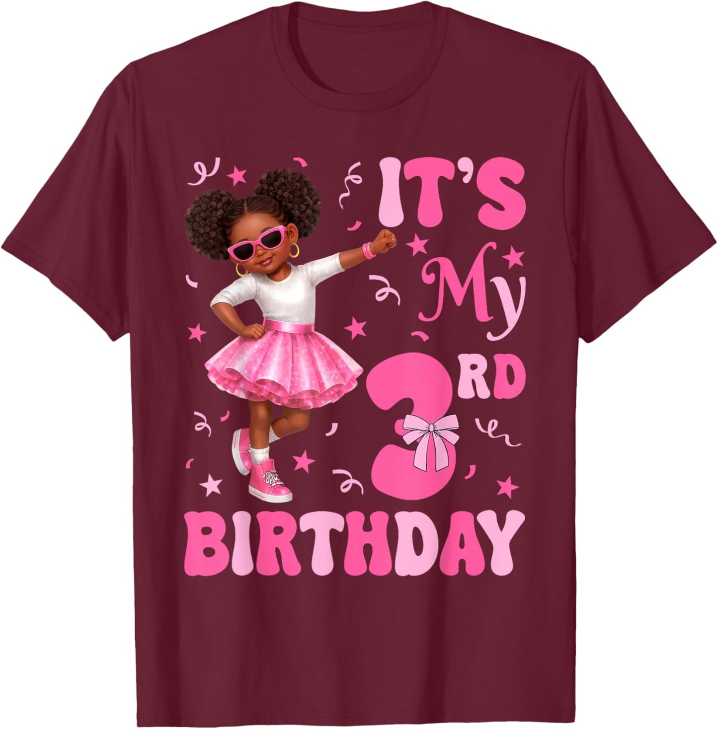 3 Years Old Kids Afro Black Girl It's My 3rd Birthday Kid T-Shirt - T-Shirt | Maroon