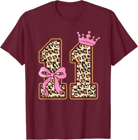 11th Birthday Girl Pink Coquette Bow Leopard 11 Year Old T-Shirt - T-Shirt | Maroon