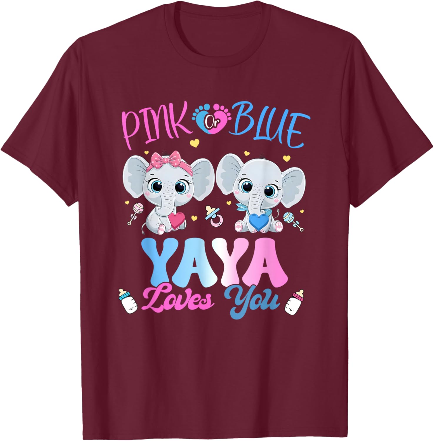 Pink or Blue Yaya Loves You Gender Reveal Elephant T-Shirt - T-Shirt | Maroon