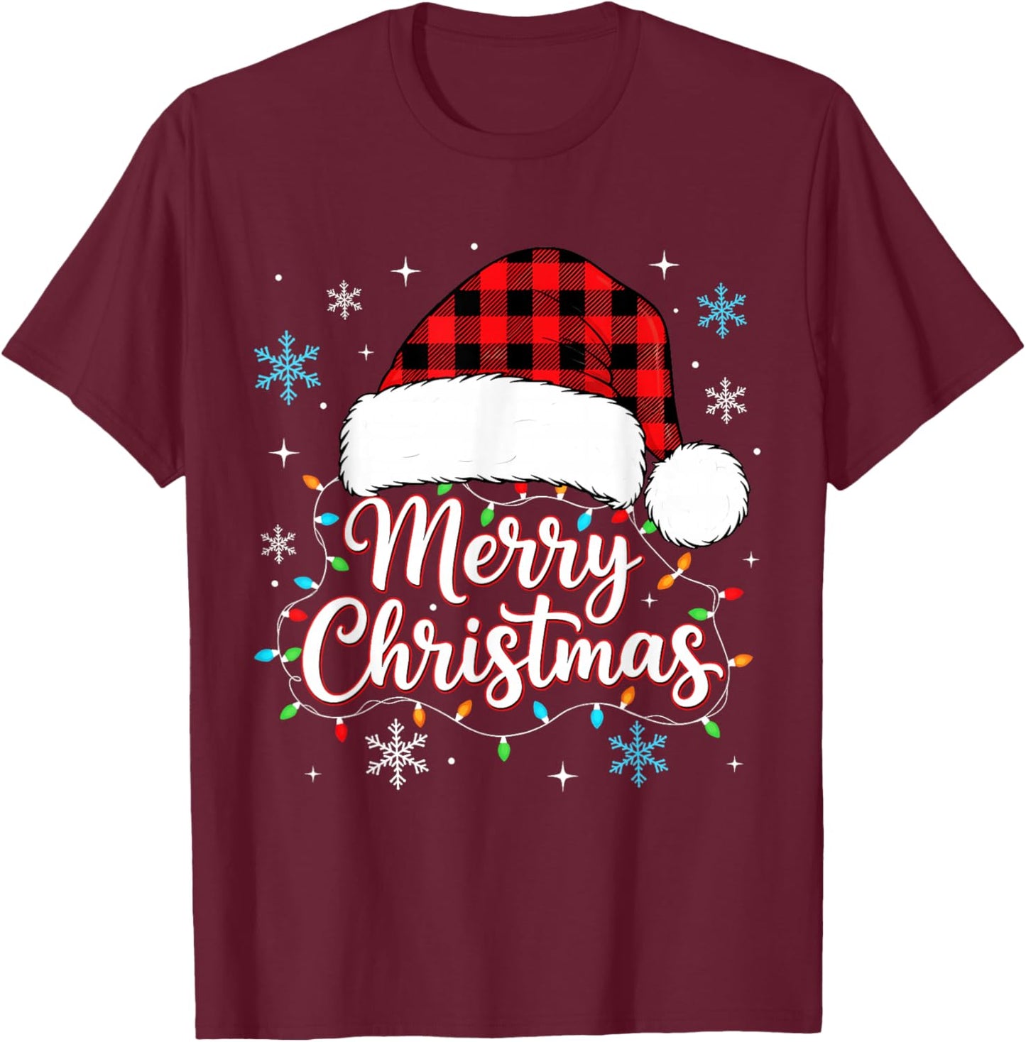 Funny Merry Christmas Buffalo Plaid Santa Hat Men Women Kids T-Shirt - T-Shirt | Maroon