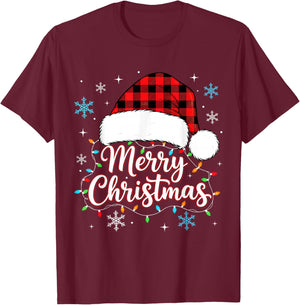 Funny Merry Christmas Buffalo Plaid Santa Hat Men Women Kids T-Shirt - T-Shirt | Maroon