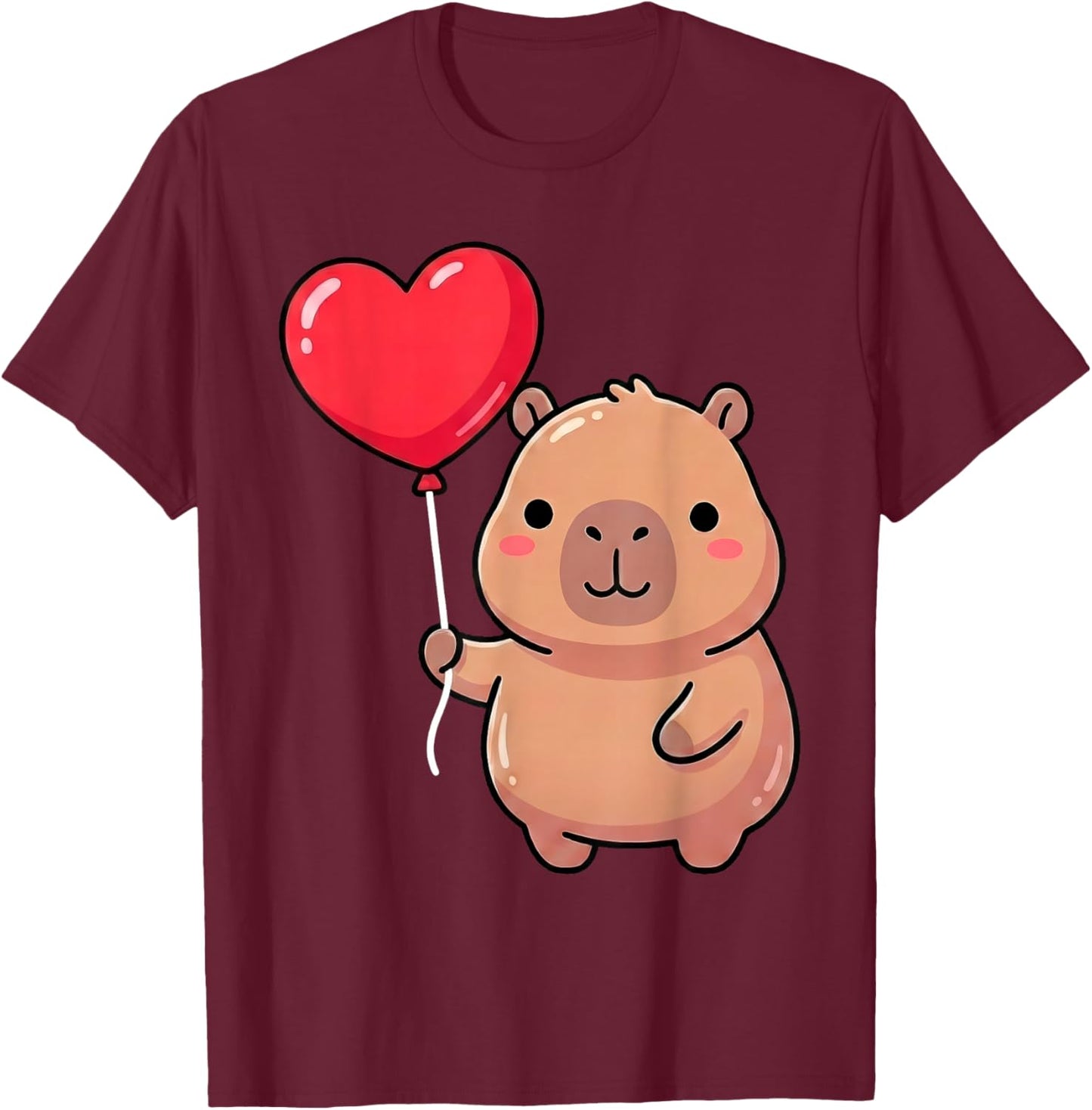 Cute Valentine's Day Capybara Holding Heart Balloon Kawaii T-Shirt - T-Shirt | Maroon