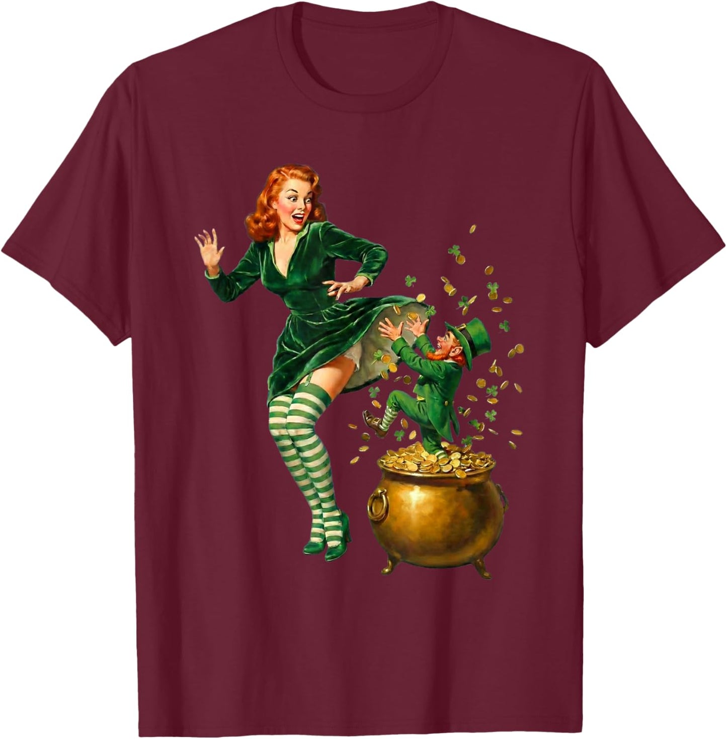 Vintage St Patricks Day Pinup Leprechaun Lucky Pot of Gold T-Shirt - T-Shirt | Maroon